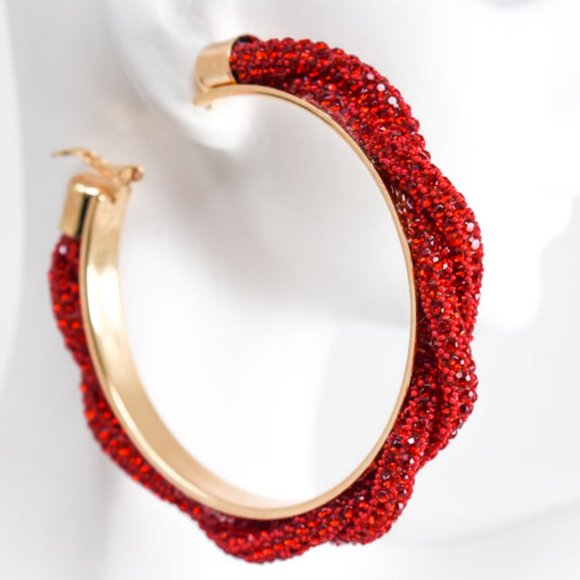 3" Boho Braid Twist Red Rhinestone Hoop Earrings - Picture 5 of 13
